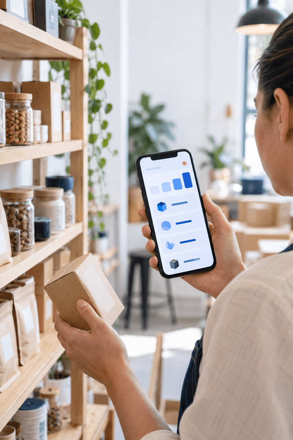 Ürün rafları yanında telefondan stok bilgilerini inceleyen ekip üyesi