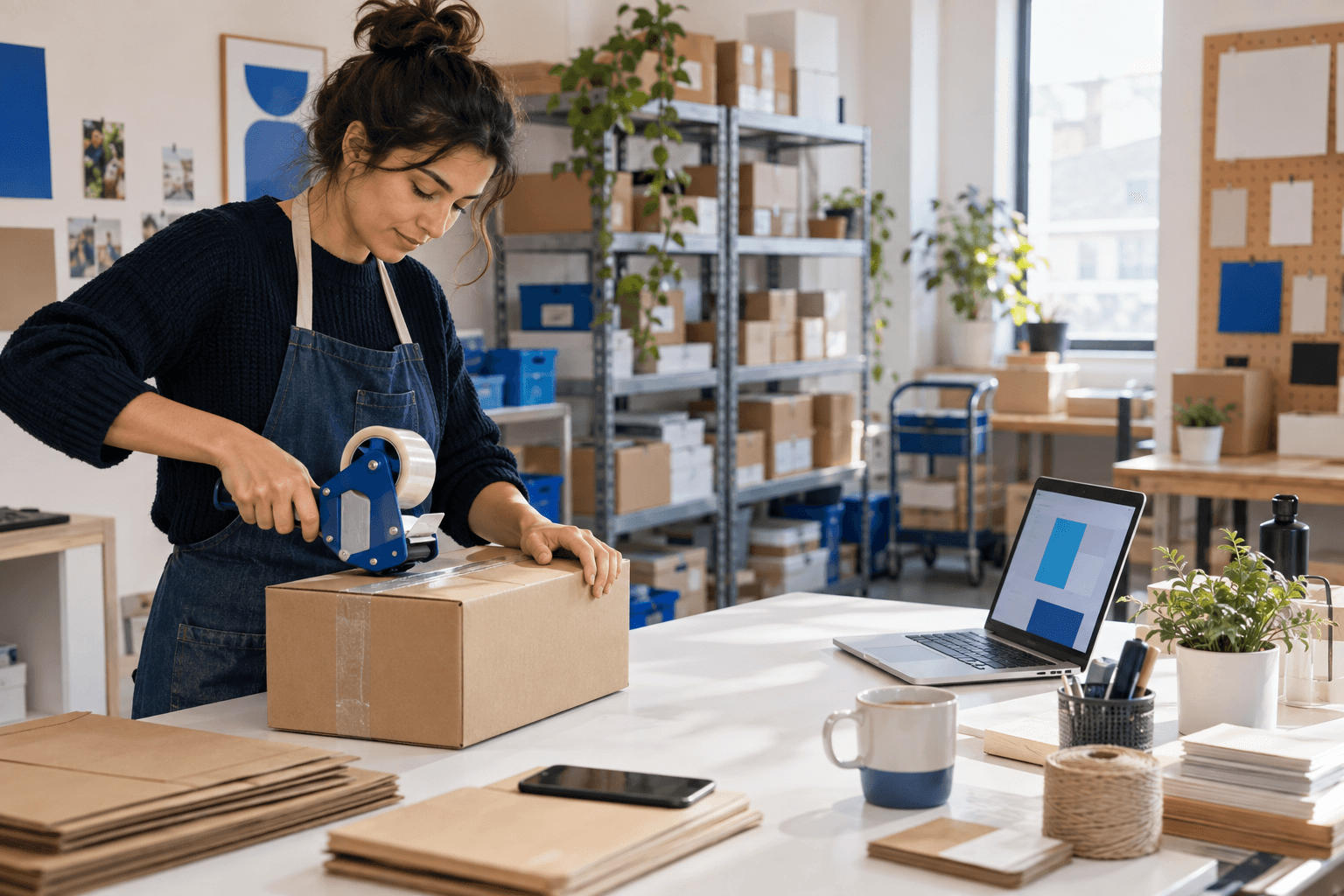 Paketleme masasında sipariş hazırlayan ekip üyesi